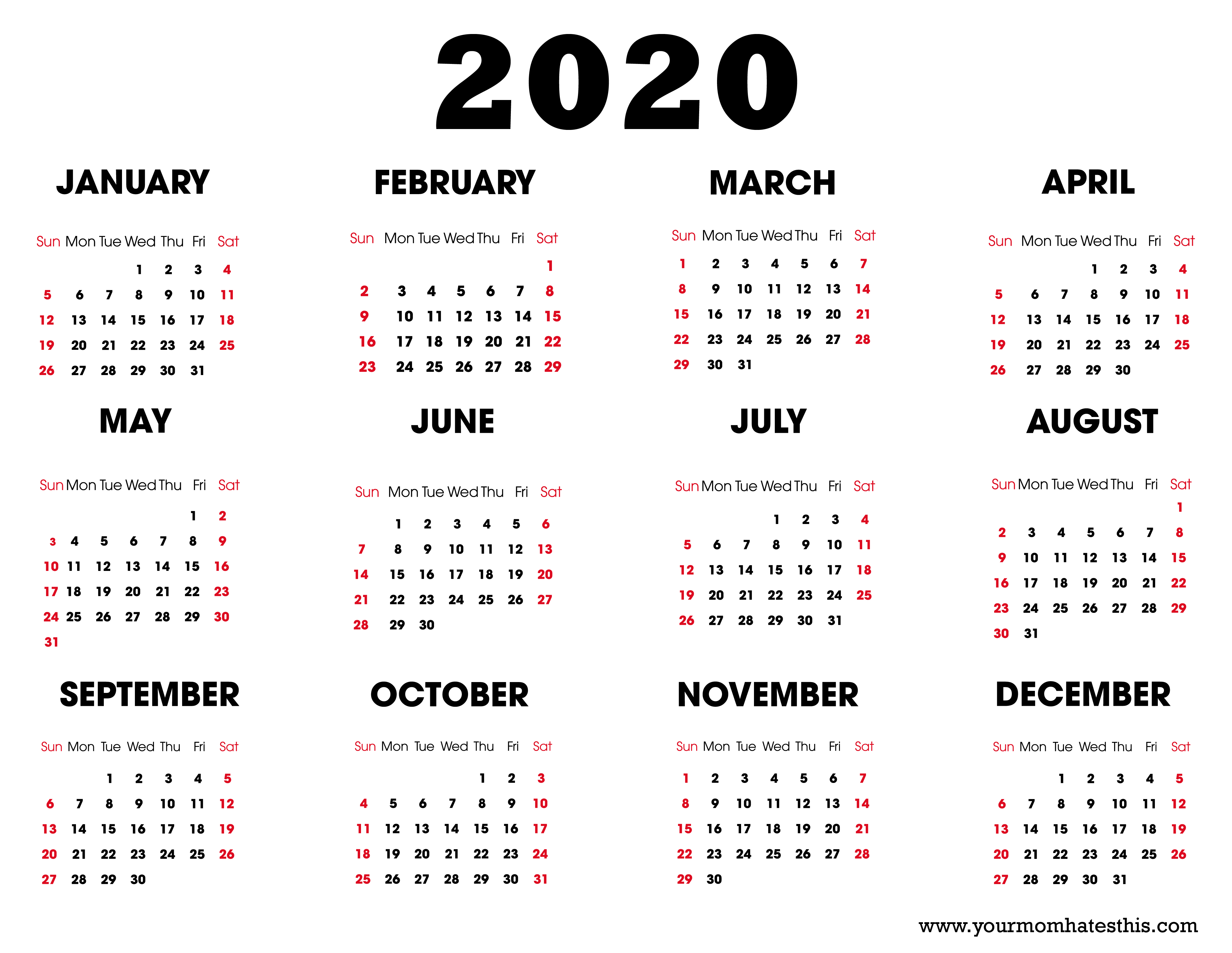 2020 Printable Calendar - Download Free Blank Templates