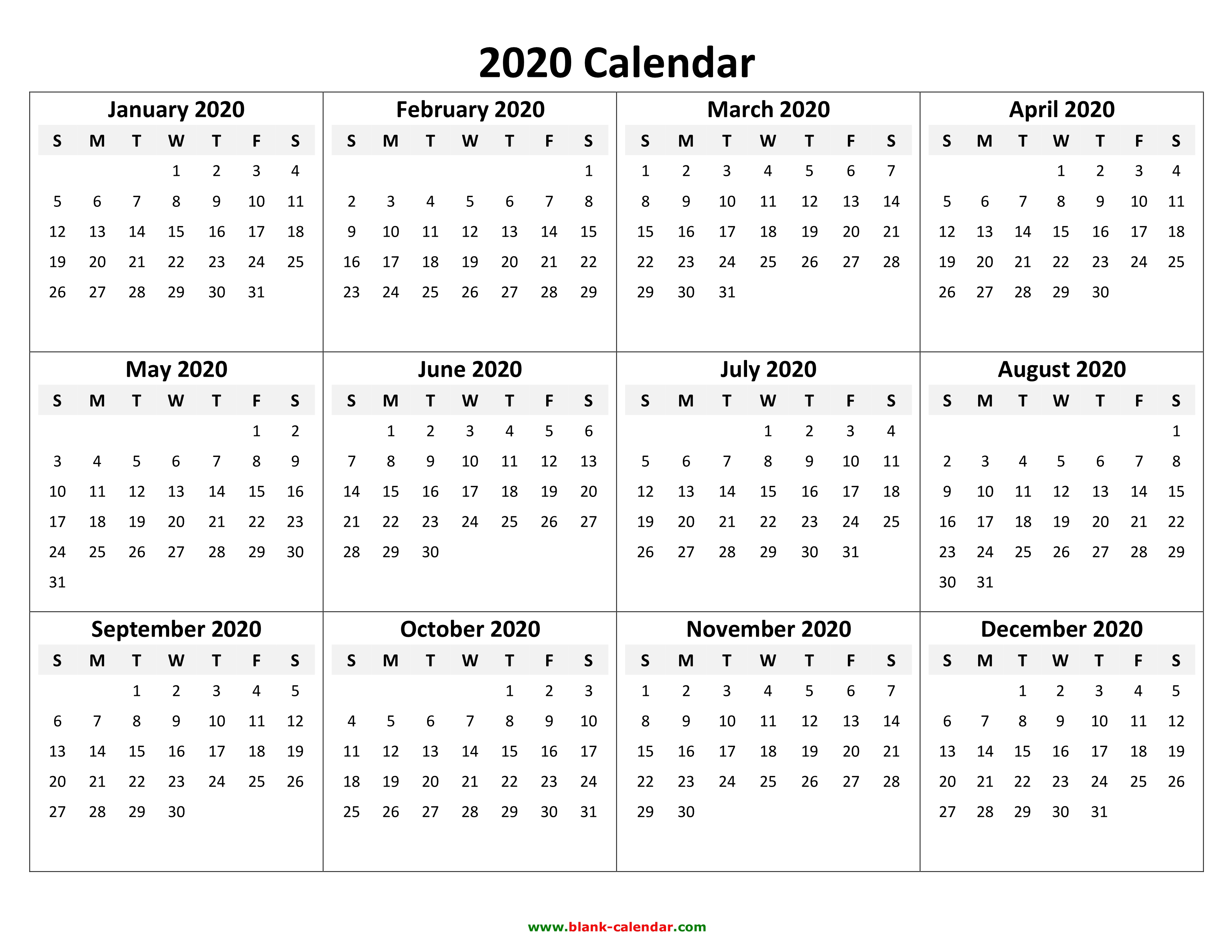 2020 Printable Calendar - Download Free Blank Templates