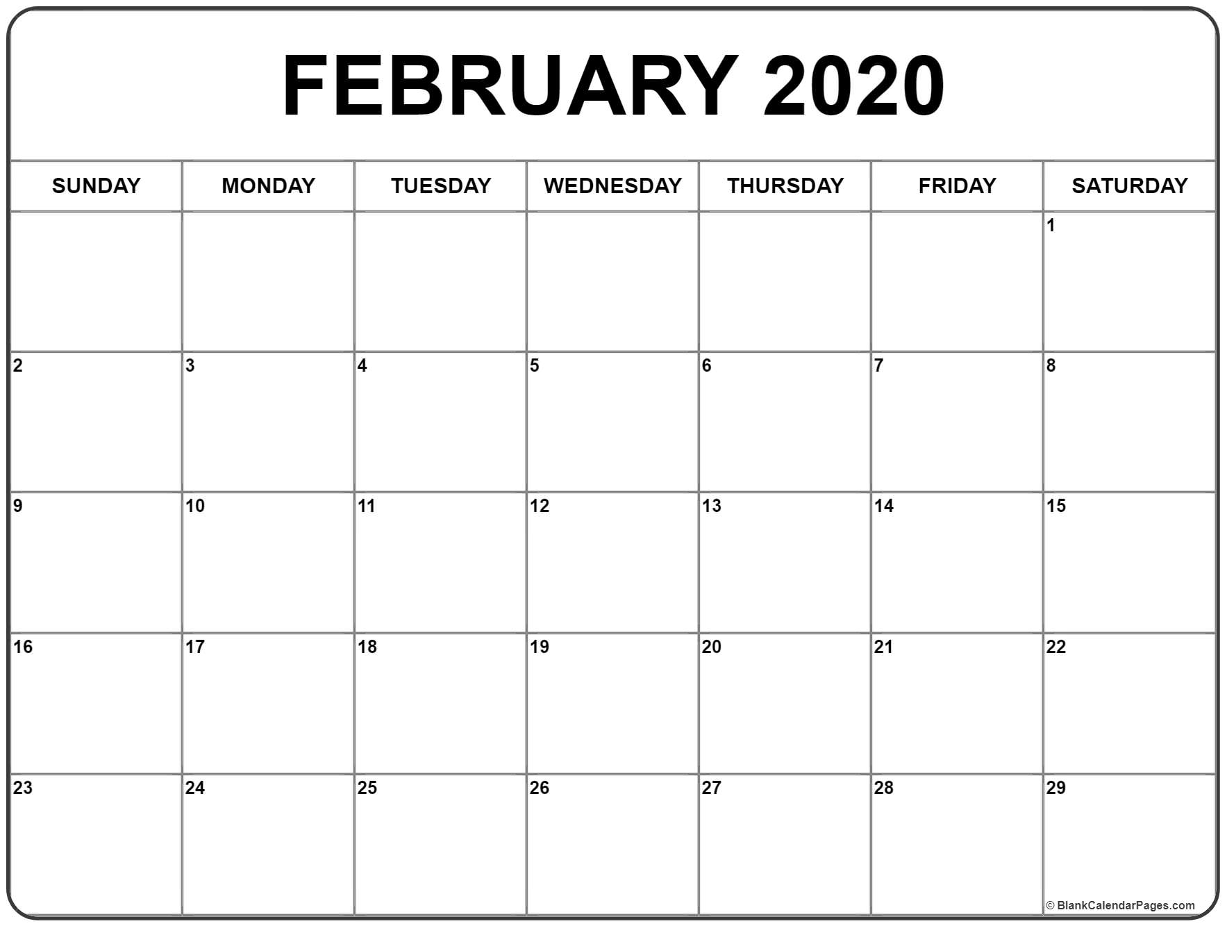 Free February 2020 Calendar Printable (Leap Year) Blank Templates
