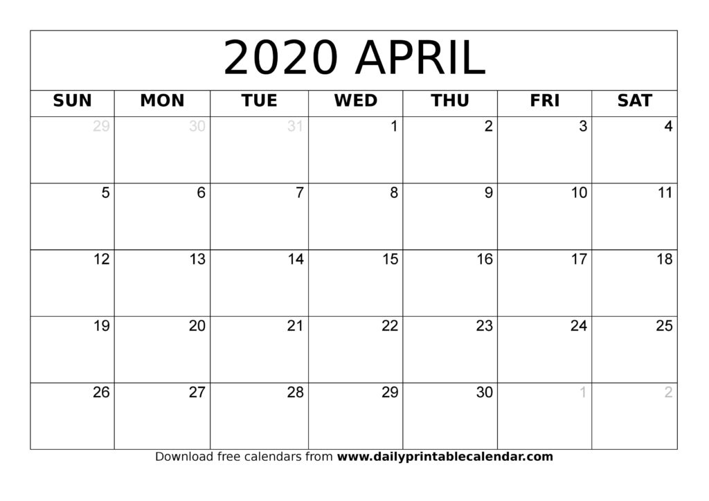 April 2020 Monthly Calendar, April 2020 Blank Calendar, Blank Calendar April 2020