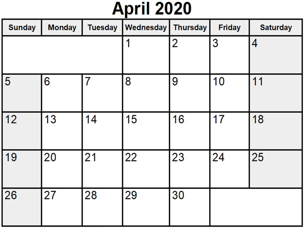 Calendar April 2020 Templates