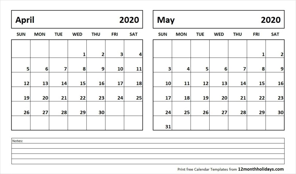 Printable April and May Calendar 2020