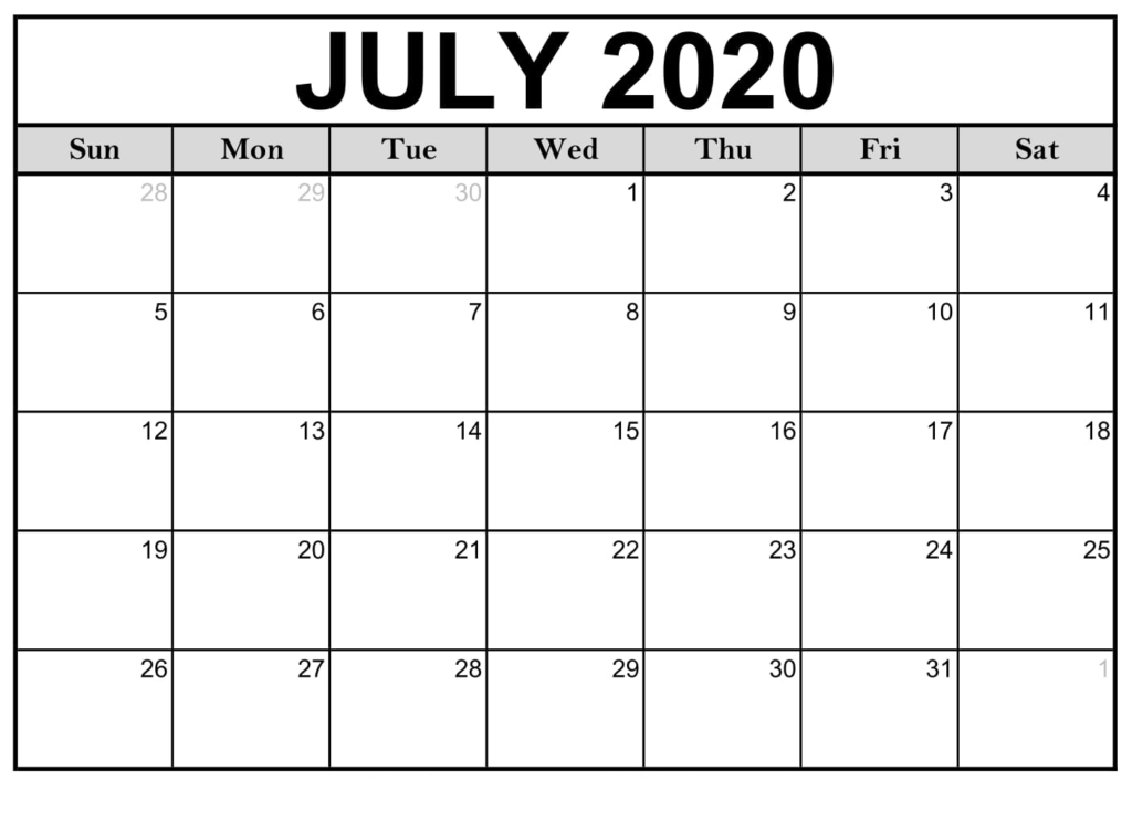 Blank July Calendar 2020 Template