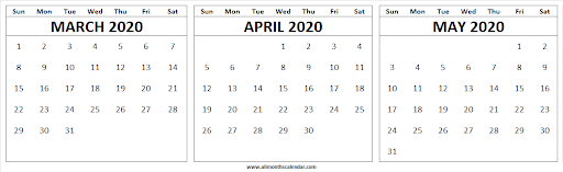 March April May 2020 Calendar Printable