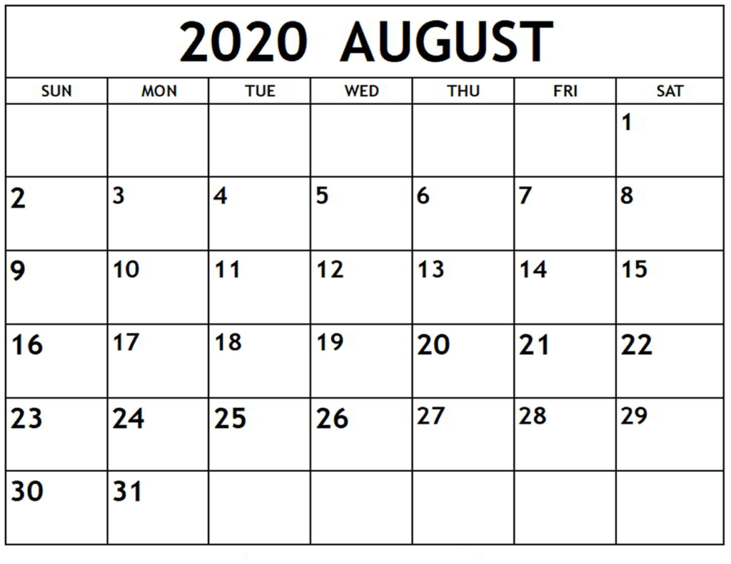 August 2020 Printable Calendar, Free August Calendar 2020, Printable August 2020 Calendar