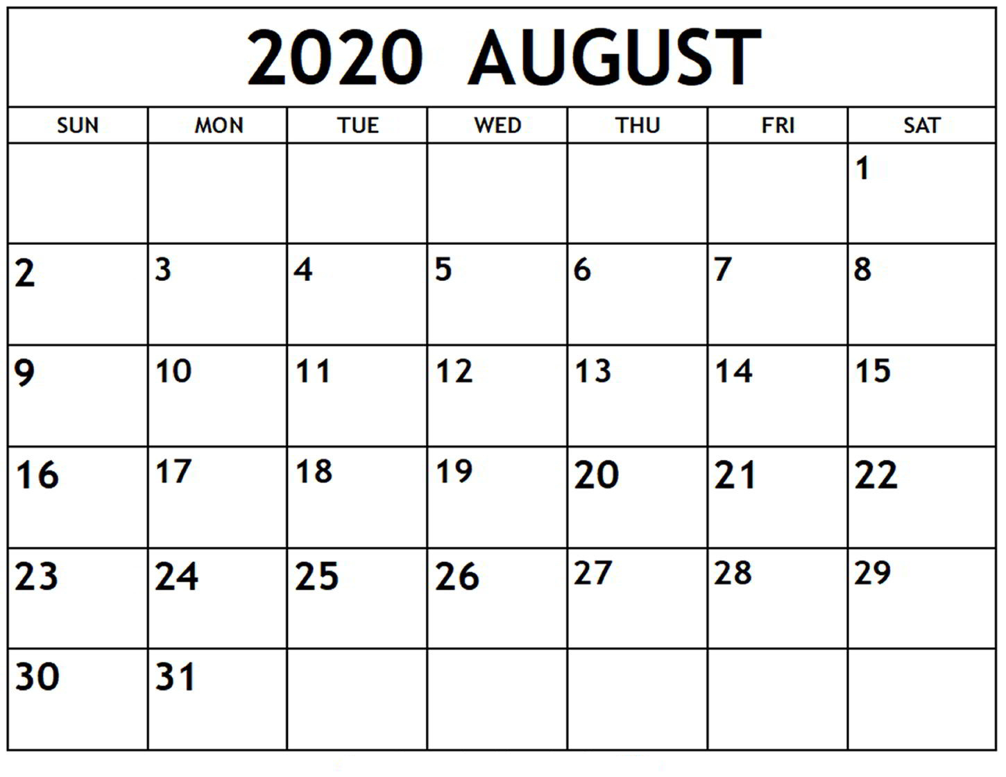 August 2020 Calendar Printable Monthly Templates