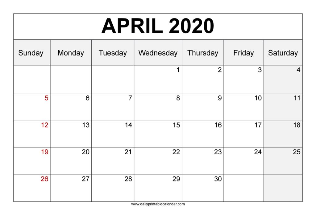 April 2020 Calendar for the United States