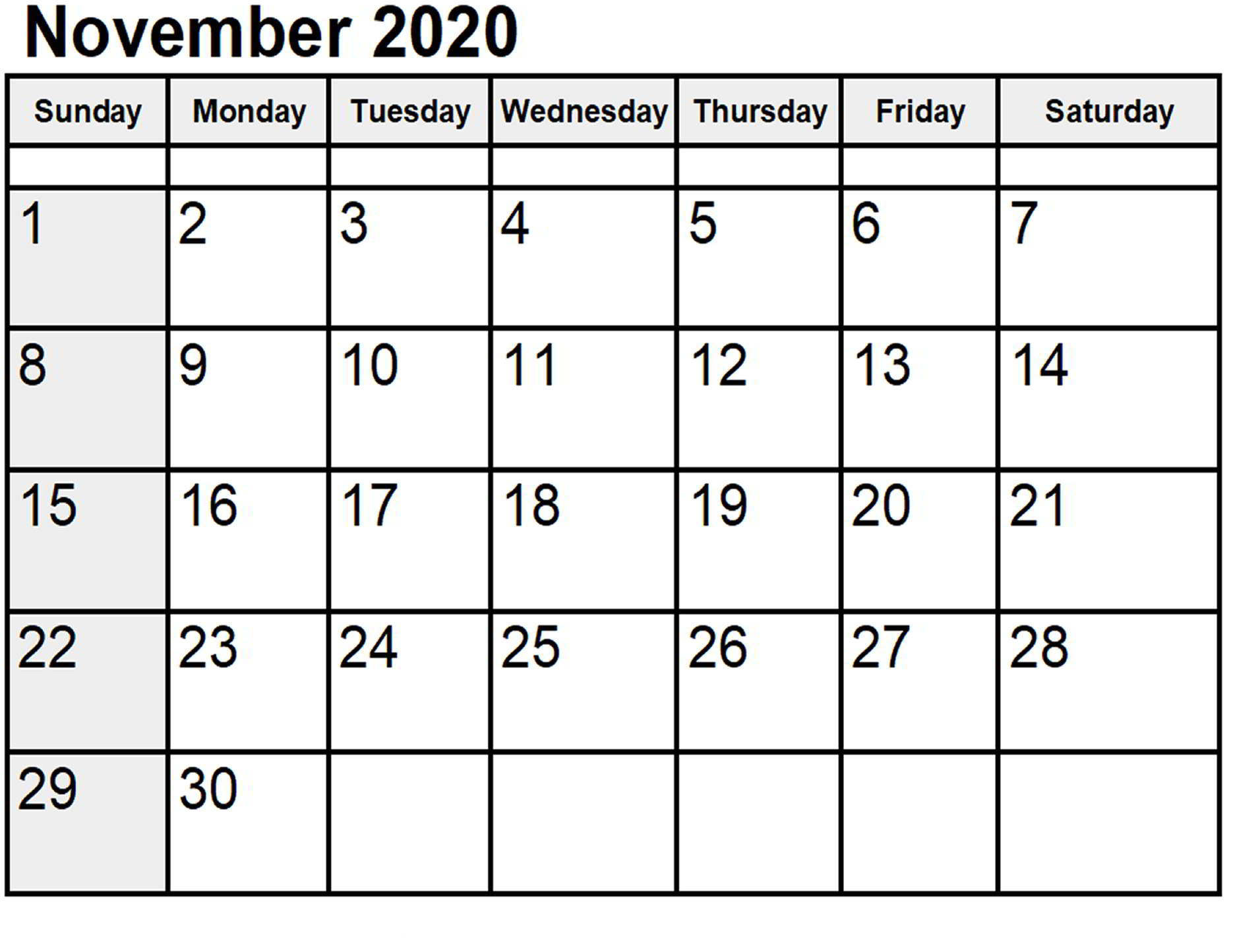 Printable November 2020 Calendar Template Download Now