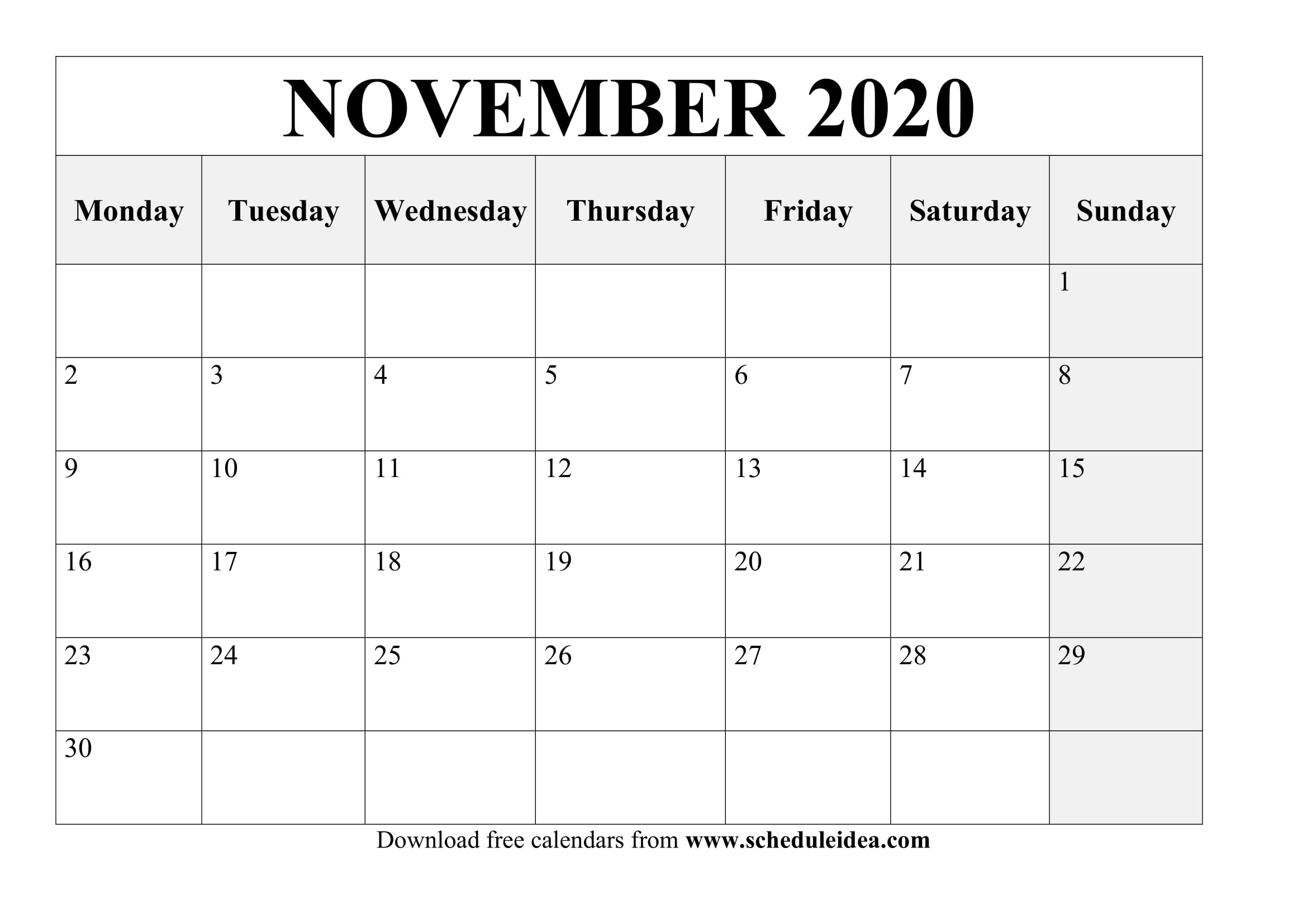 Printable November 2020 Calendar Template Download Now