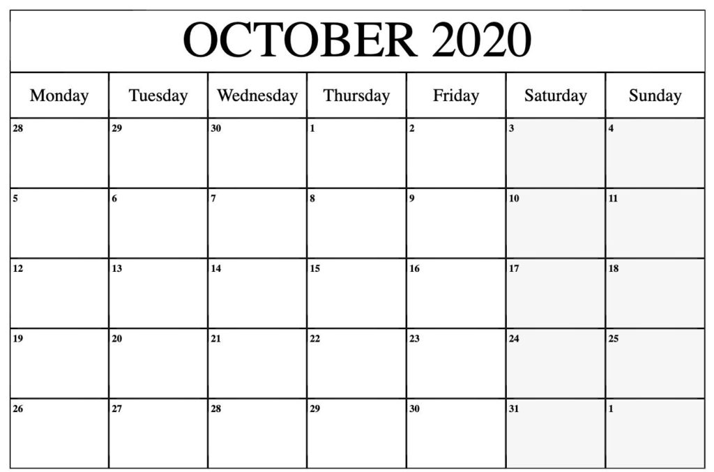 October 2020 Calendar, Printable October 2020 Calendar, October 2020 Calendar Template