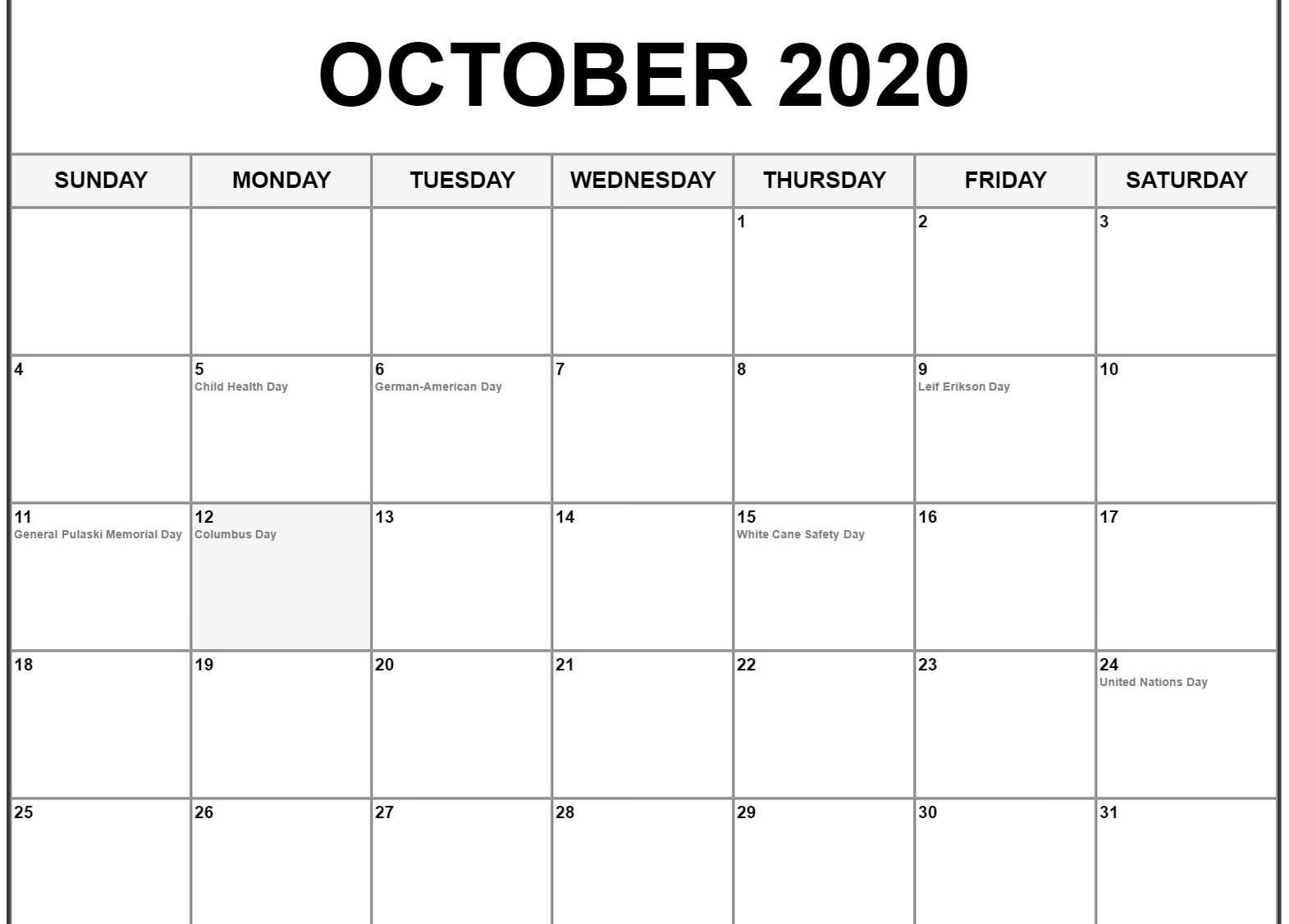 Printable October 2020 Calendar Template Download Now