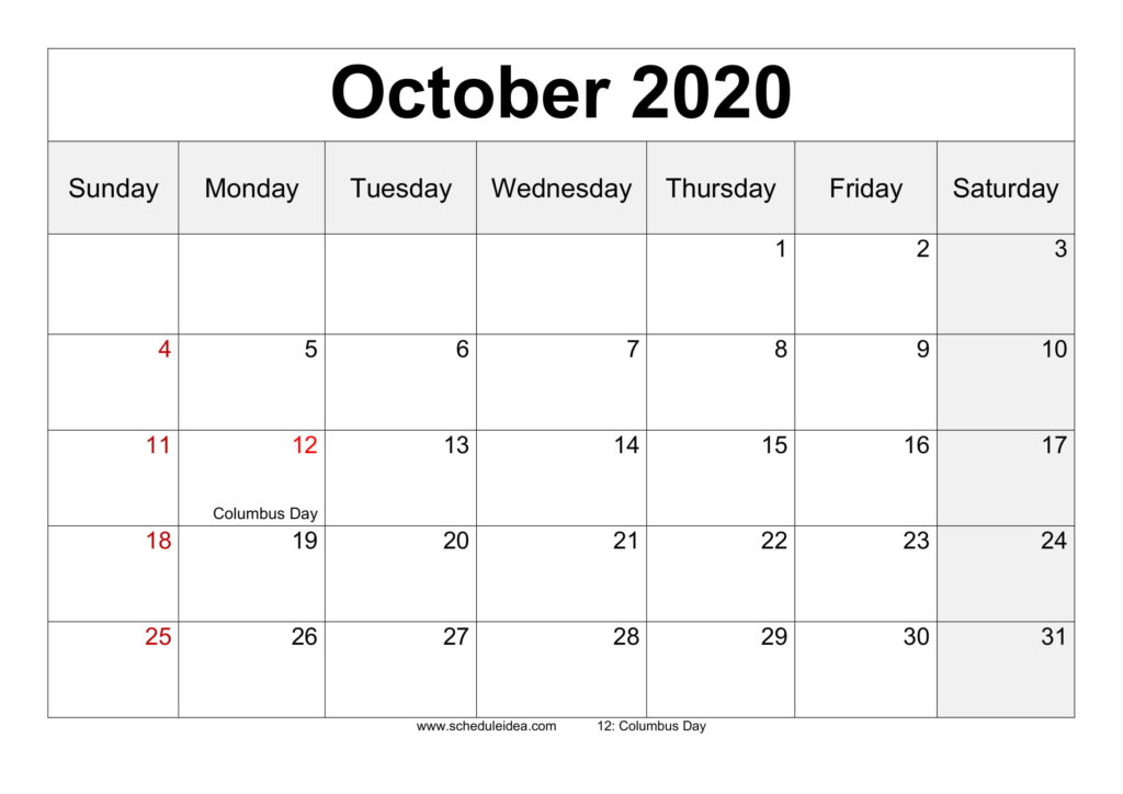 October 2020 Calendar, Printable October 2020 Calendar, October 2020 Calendar Template