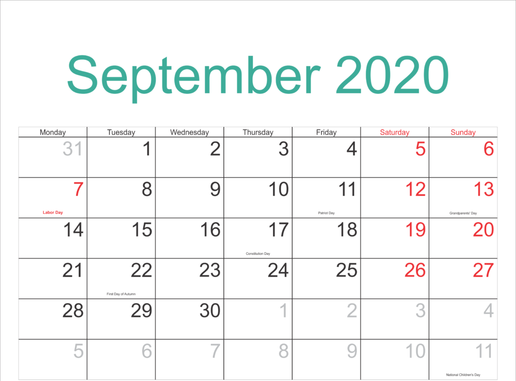 September 2020 Printable Calendar, September 2020 Calendar Template, Free September Calendar 2020