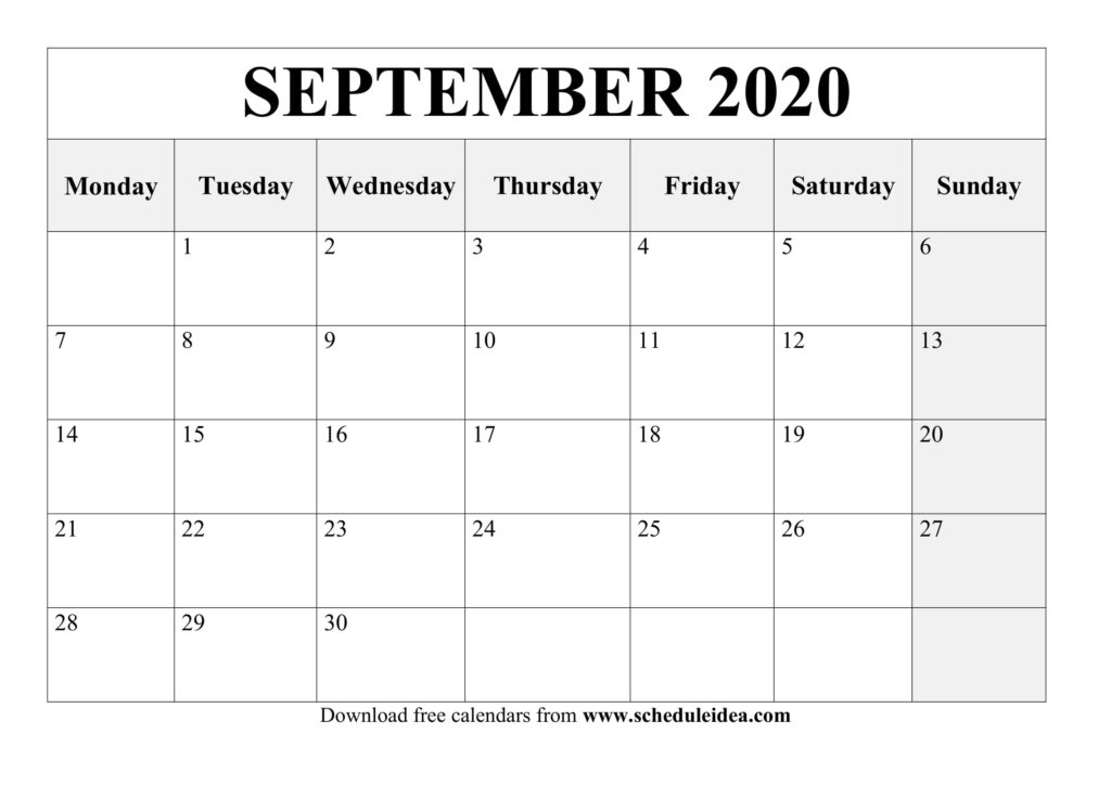 September 2020 Printable Calendar, September 2020 Calendar Template, Free September Calendar 2020