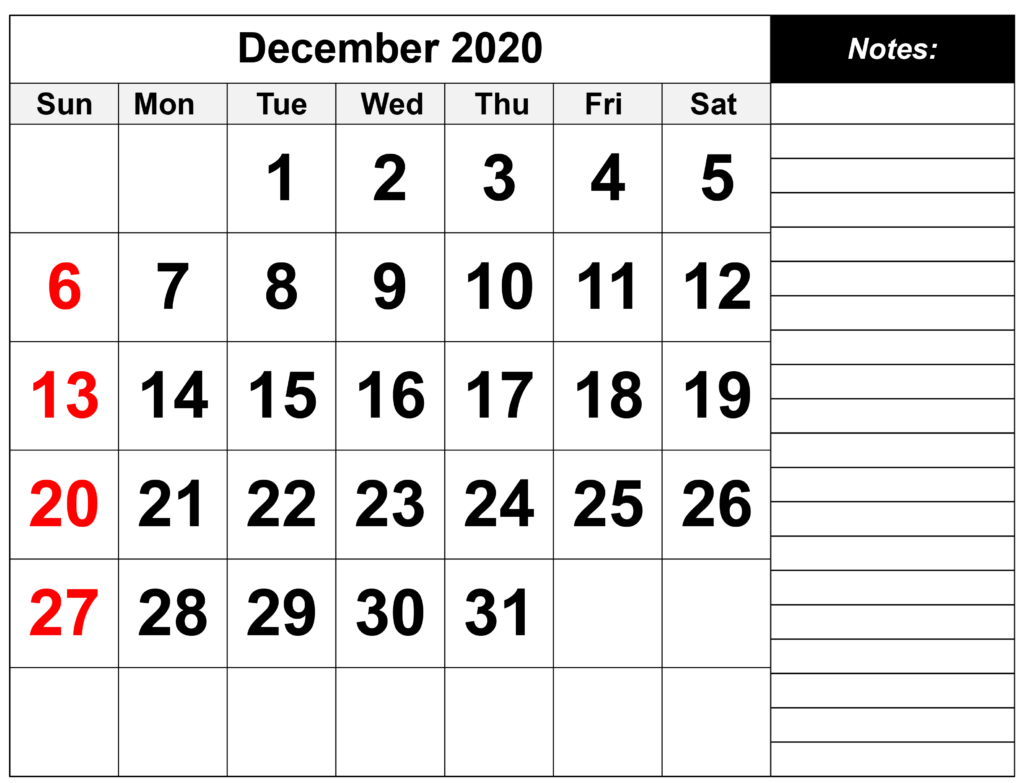 December 2020 Calendar with Notes