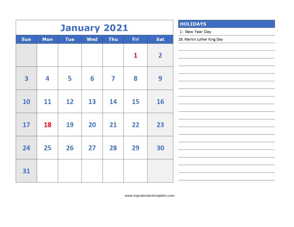 January 2021 Printable Calendar, January 2021 Calendar Template, Free January 2021 Calendar