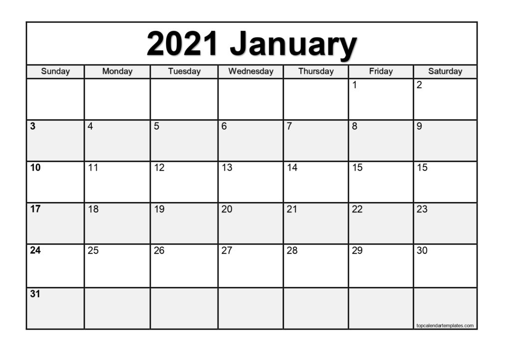 January 2021 Printable Calendar, January 2021 Calendar Template, Free January 2021 Calendar