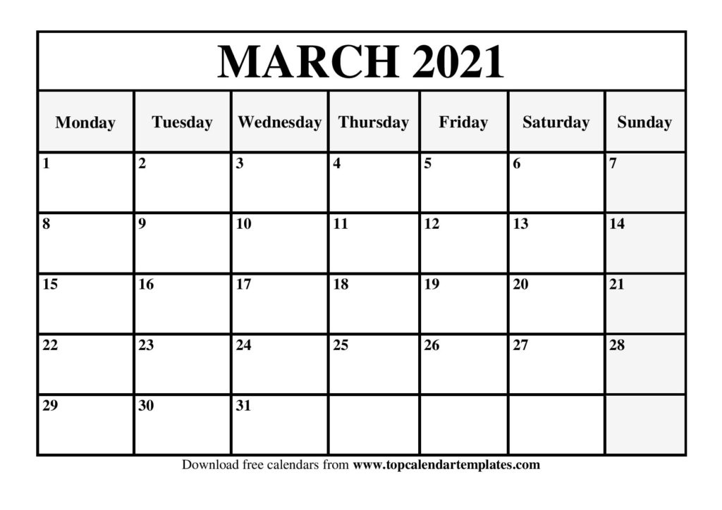 Free Printable March 2021 Calendar