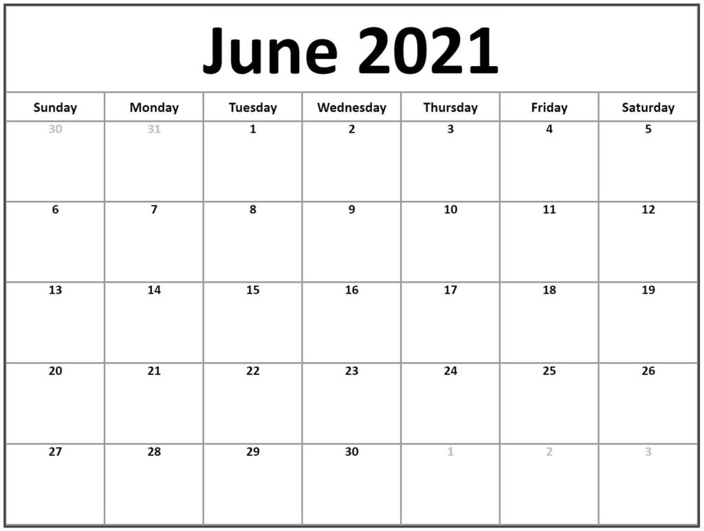 June 2021 Printable Calendar, June 2021 Calendar Template, Blank June 2021 Calendar Printable