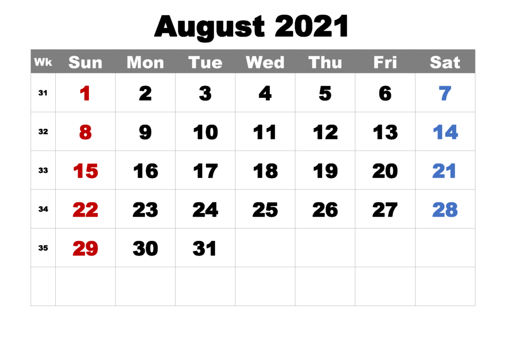 August 2021 Calendar Template, Free Printable Calendar August 2021, August 2021 Printable Calendar