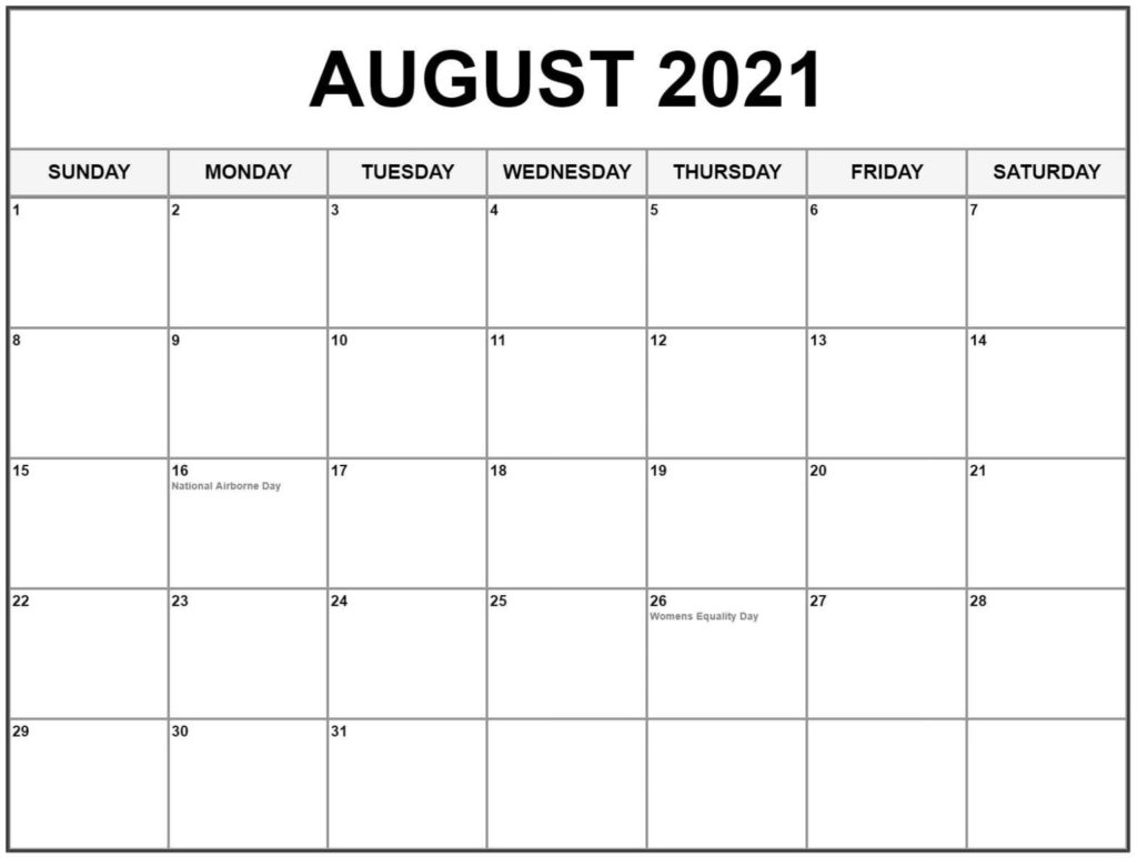 August 2021 Calendar Template, Free Printable Calendar August 2021, August 2021 Printable Calendar