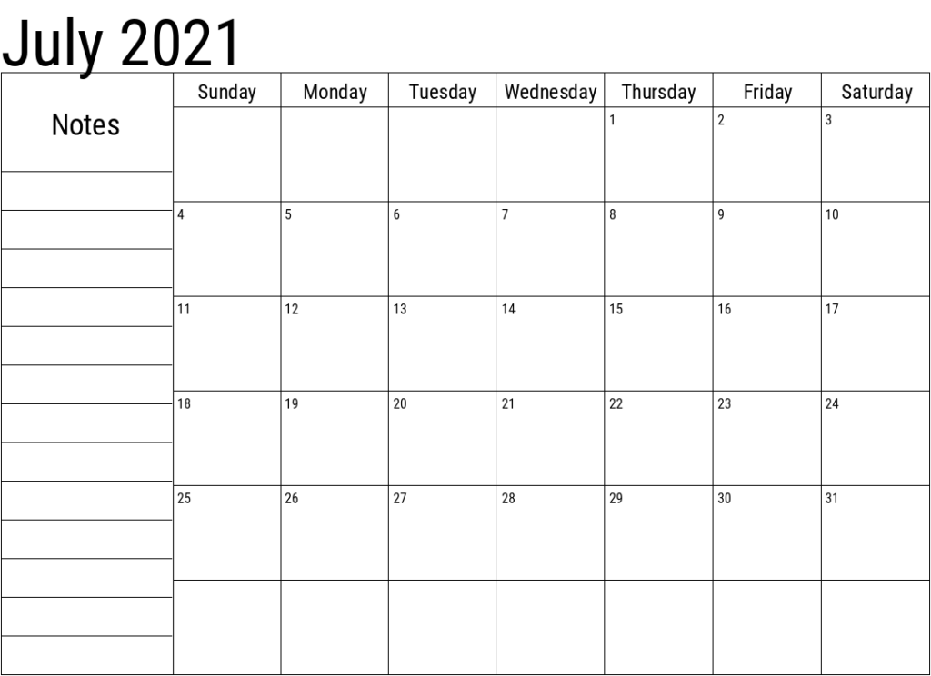 July 2021 Printable Calendar, July 2021 Calendar Template, Blank July 2021 Calendar Printable