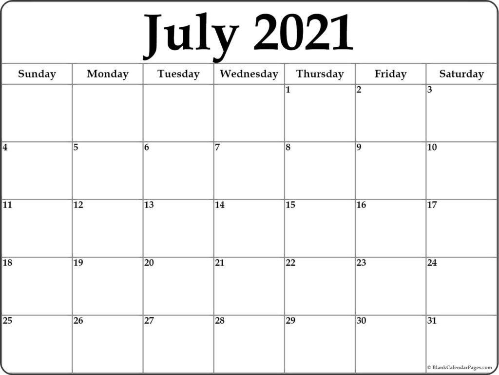 July 2021 Printable Calendar, July 2021 Calendar Template, Blank July 2021 Calendar Printable