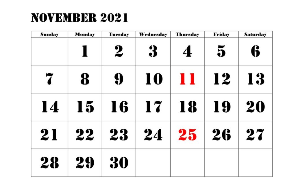 November 2021 Printable Calendar, November 2021 Calendar Template, Free November 2021 Calendar