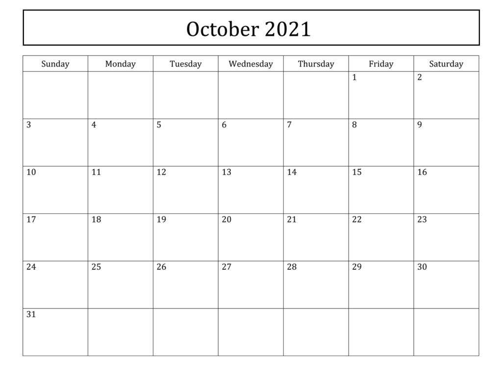 October 2021 Printable Calendar, Free October 2021 Calendar, October 2021 Calendar Template