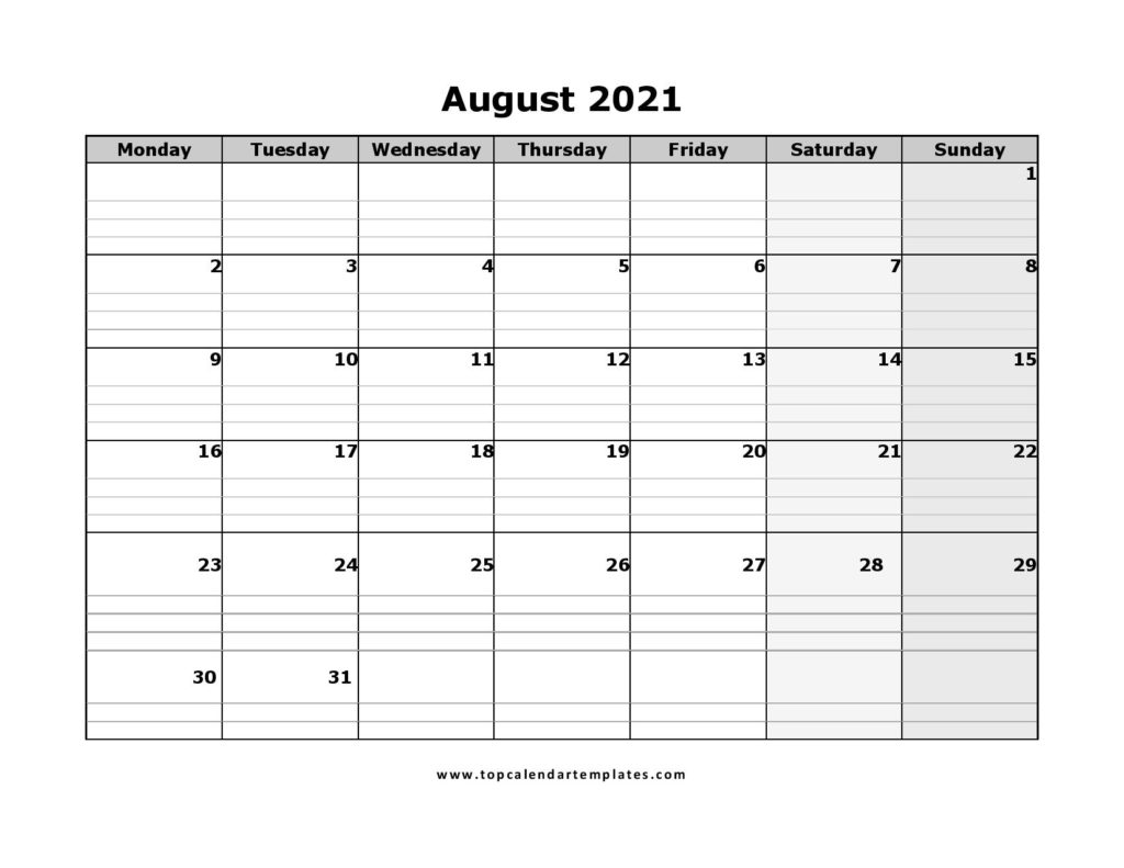 August 2021 Calendar Template, Free Printable Calendar August 2021, August 2021 Printable Calendar
