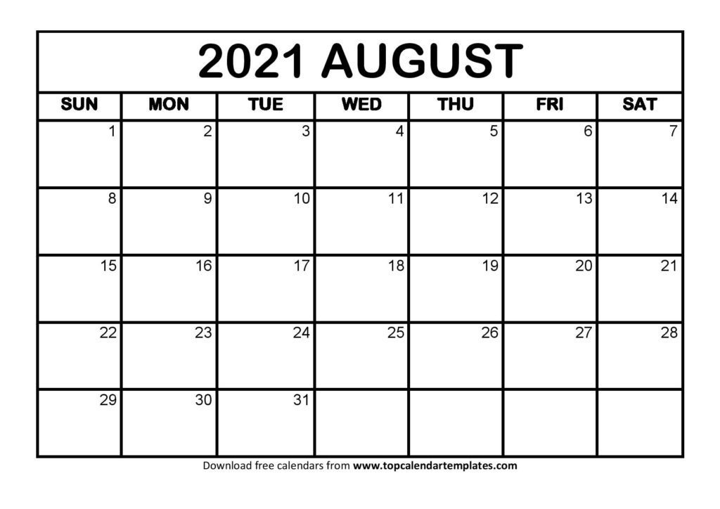 August 2021 Calendar Template, Free Printable Calendar August 2021, August 2021 Printable Calendar