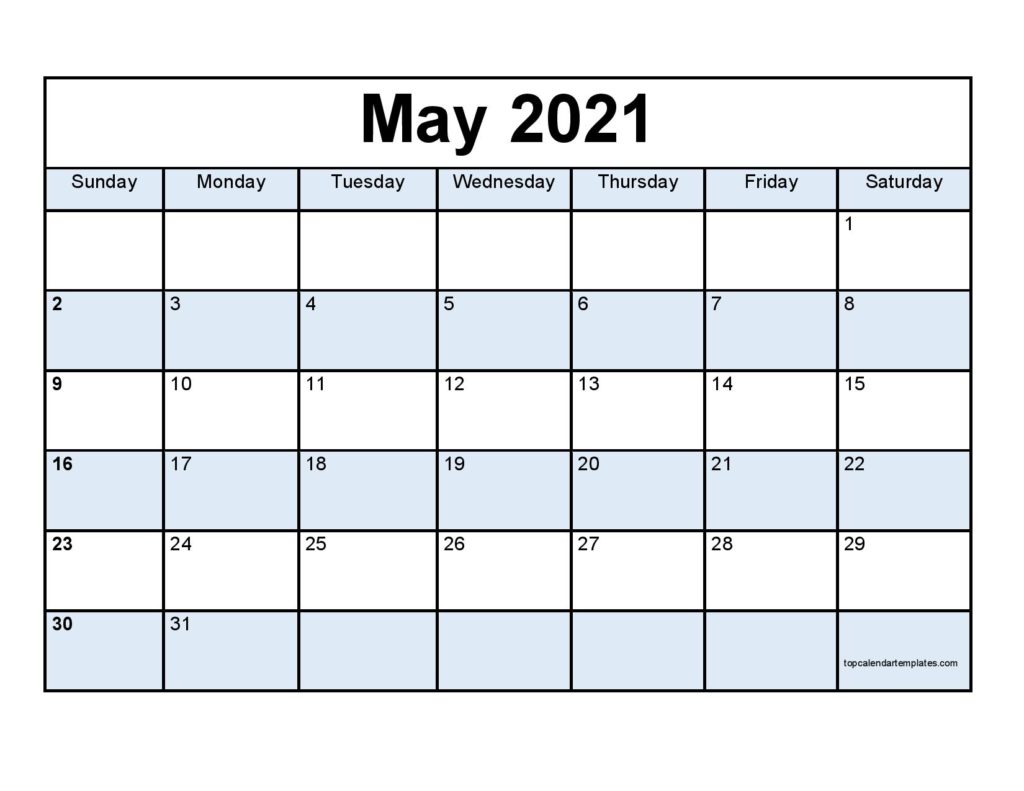May 2021 Printable Calendar, May 2021 Calendar Template, Blank May 2021 Calendar Printable