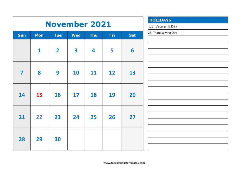 November 2021 Printable Calendar, November 2021 Calendar Template, Free November 2021 Calendar