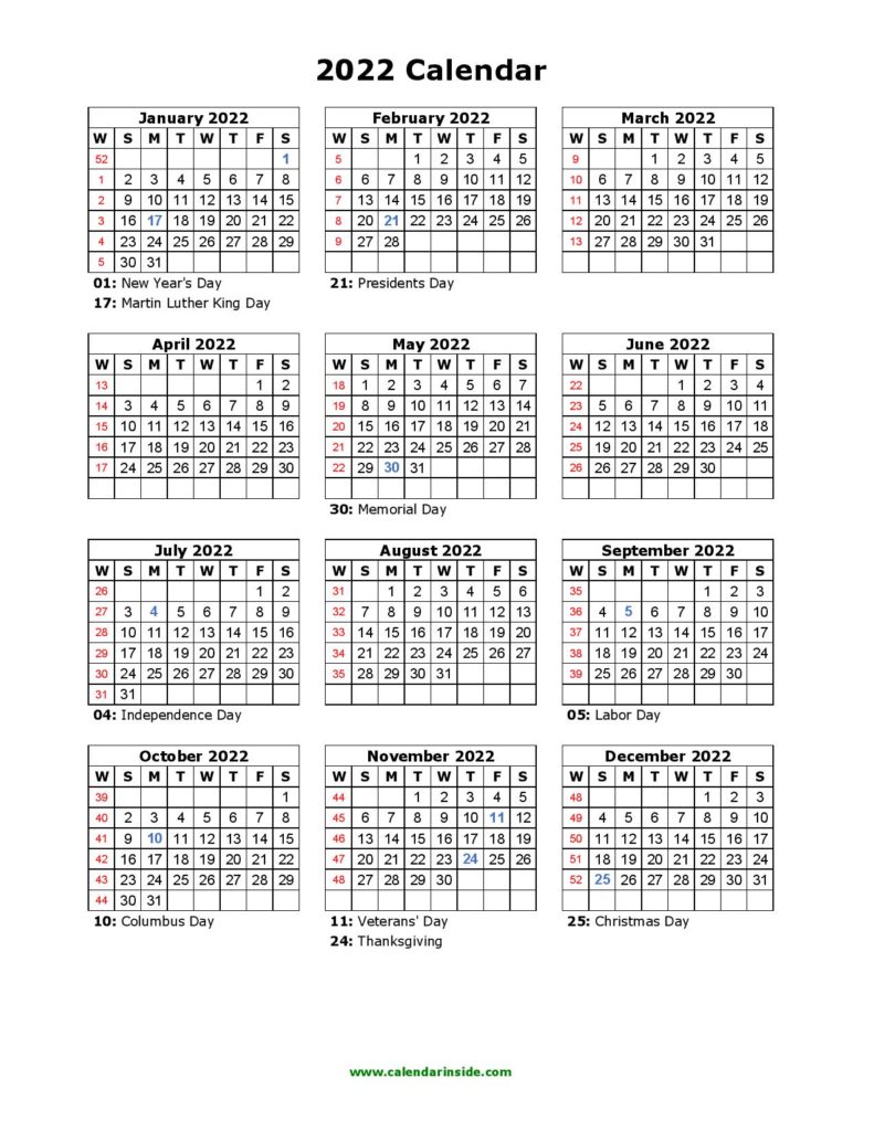 2022 Printable Calendar, 2022 calendar template, free calendar 2022, 2022 calendar with holidays, printable calendar 2022