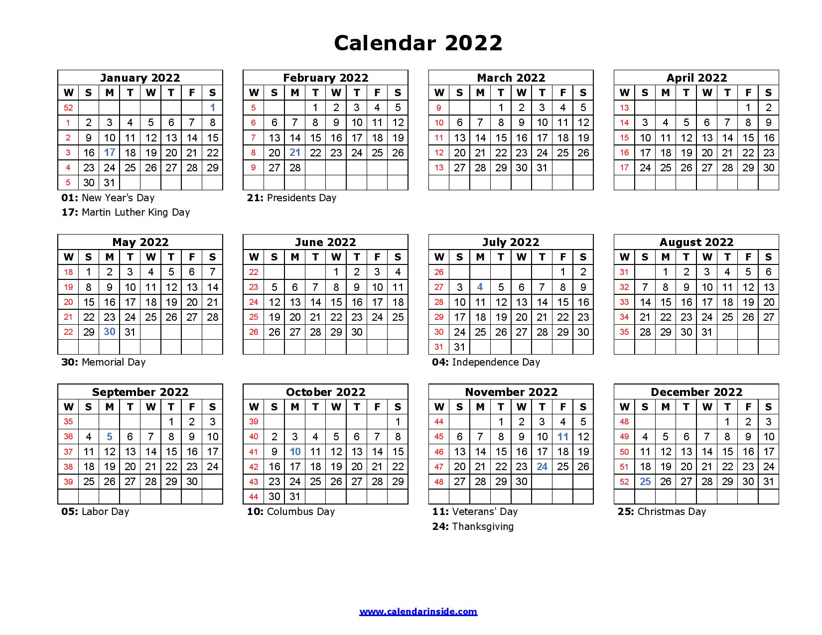 2022 mini calendar printable free