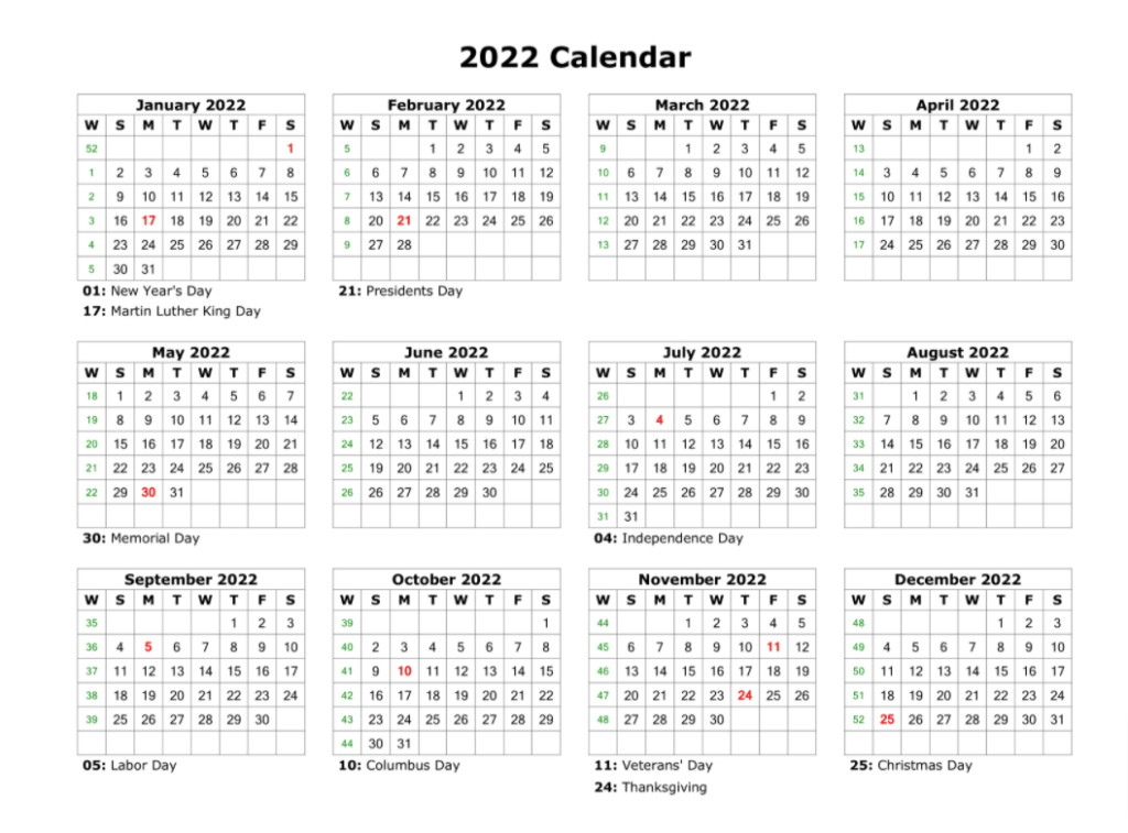 2022 Printable Calendar, 2022 calendar template, free calendar 2022, 2022 calendar with holidays, printable calendar 2022