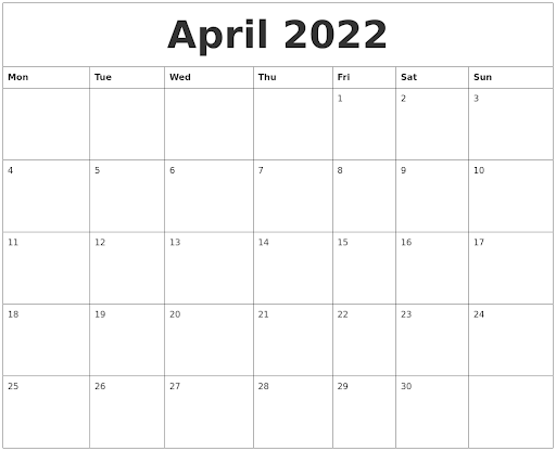 April 2022 Calendar PDF Word Excel