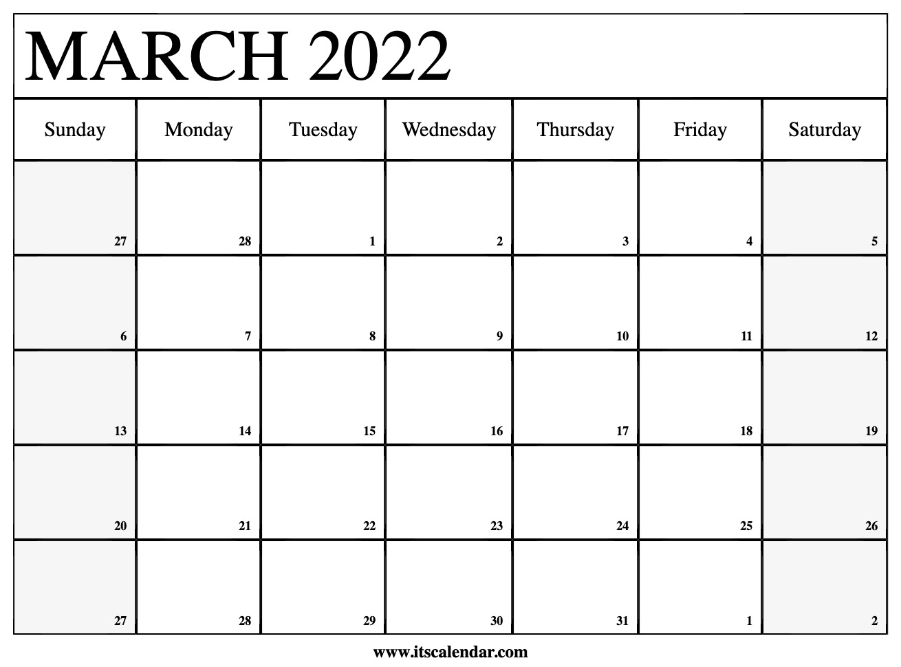 Printable Calendar March 2022 Templates PDF Word Excel