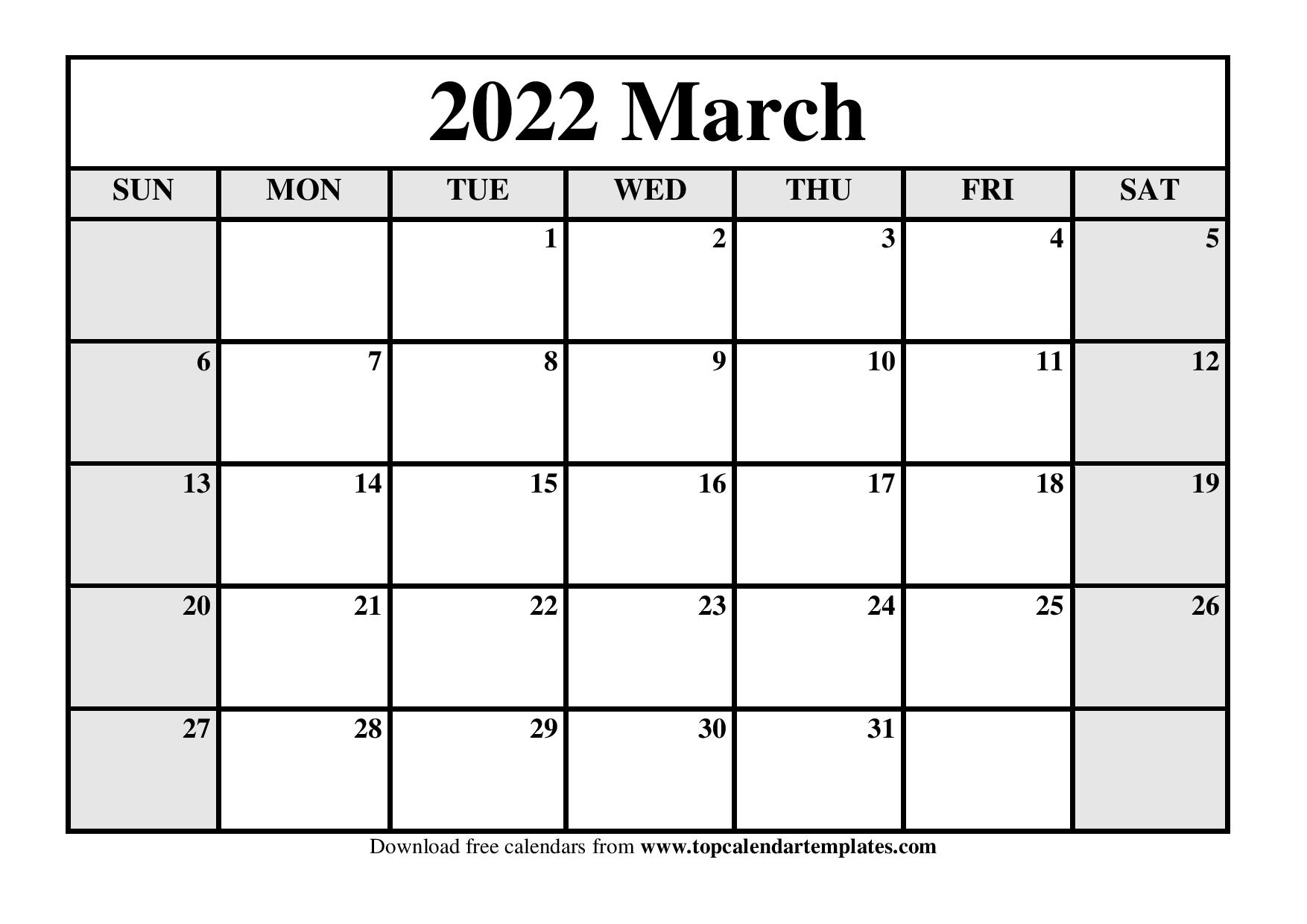 Printable Calendar March 2022 Templates PDF, Word, Excel