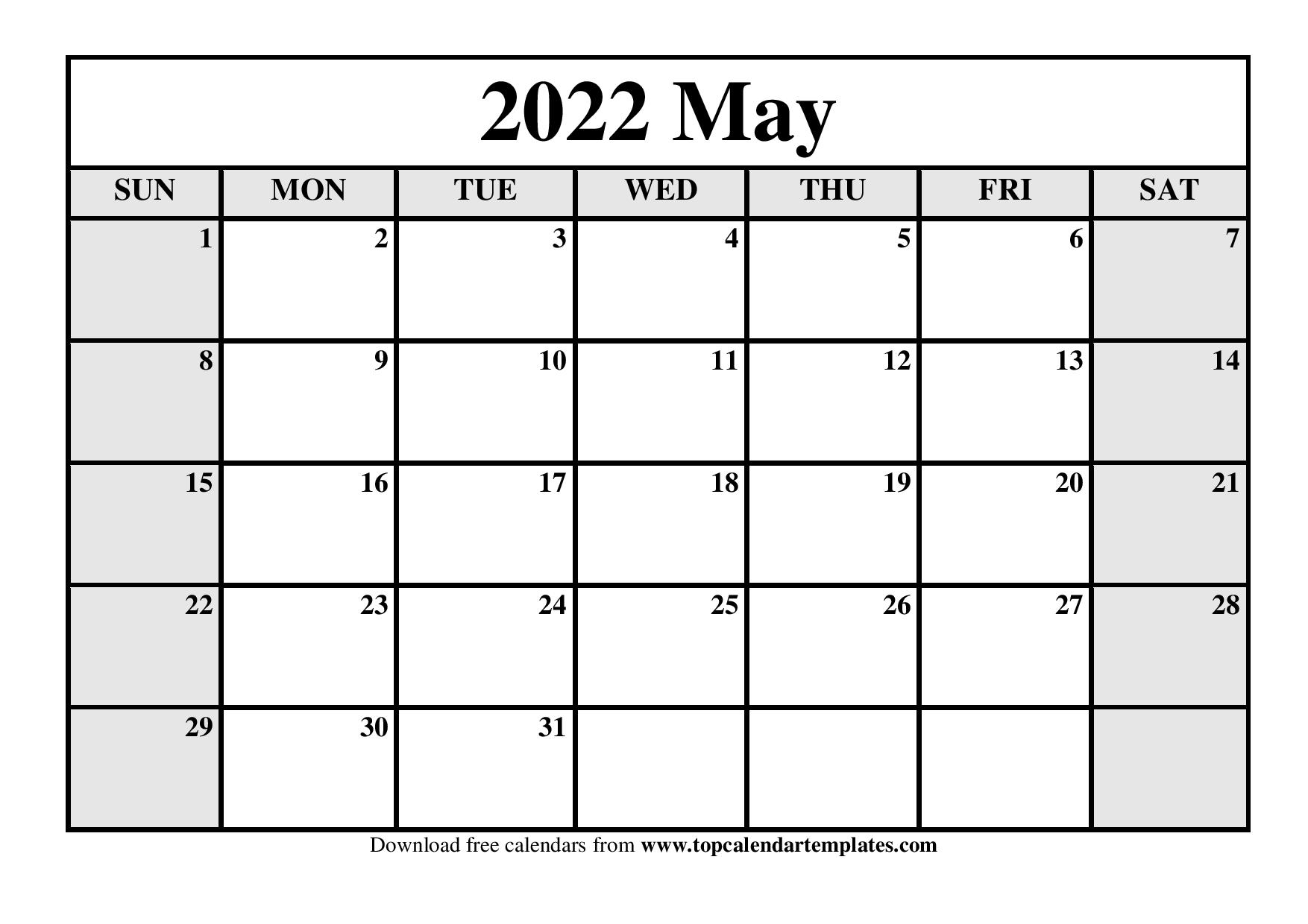 May 2022 Printable Calendar Printable Calendar May 2022 Templates - Pdf, Word, Excel