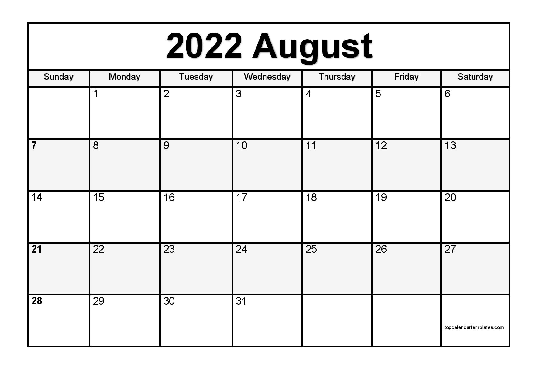 Free August 2022 Calendar Printable Calendar August 2022 Templates - Pdf, Word, Excel