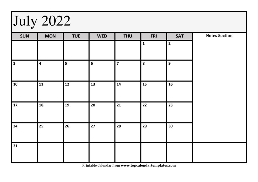 Printable July Calendar 2022