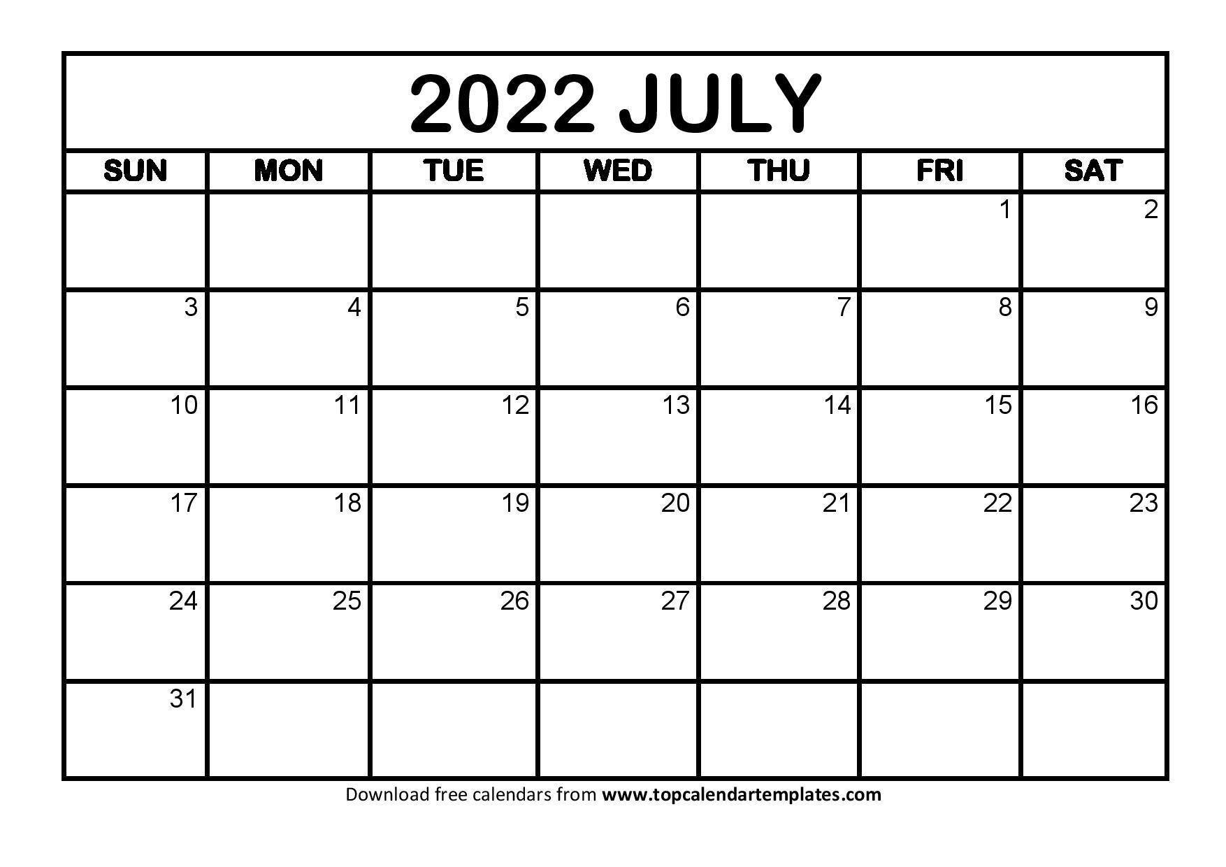 Print A Calendar July 2022 Printable Calendar July 2022 Templates - Pdf, Word, Excel