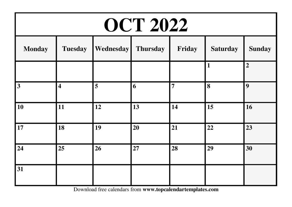Free October Calendar 2022