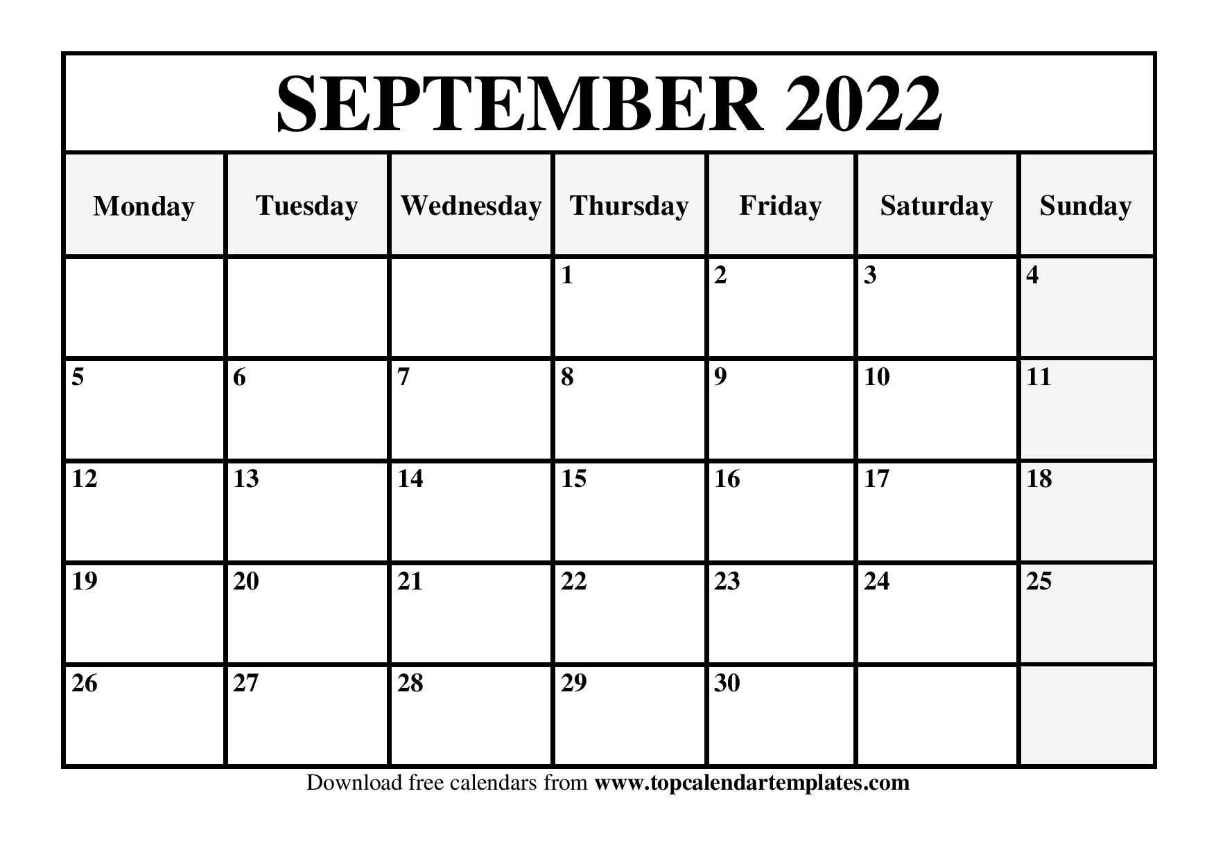 Download September 2022 Calendar Printable Calendar September 2022 Templates - Pdf, Word, Excel