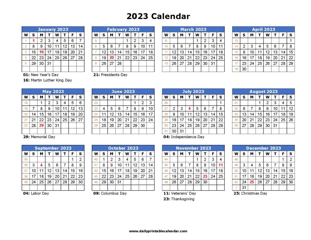 2023 Calendar with Holidays