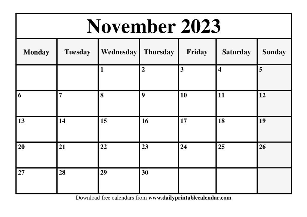 November 2023 Calendar Printable PDF