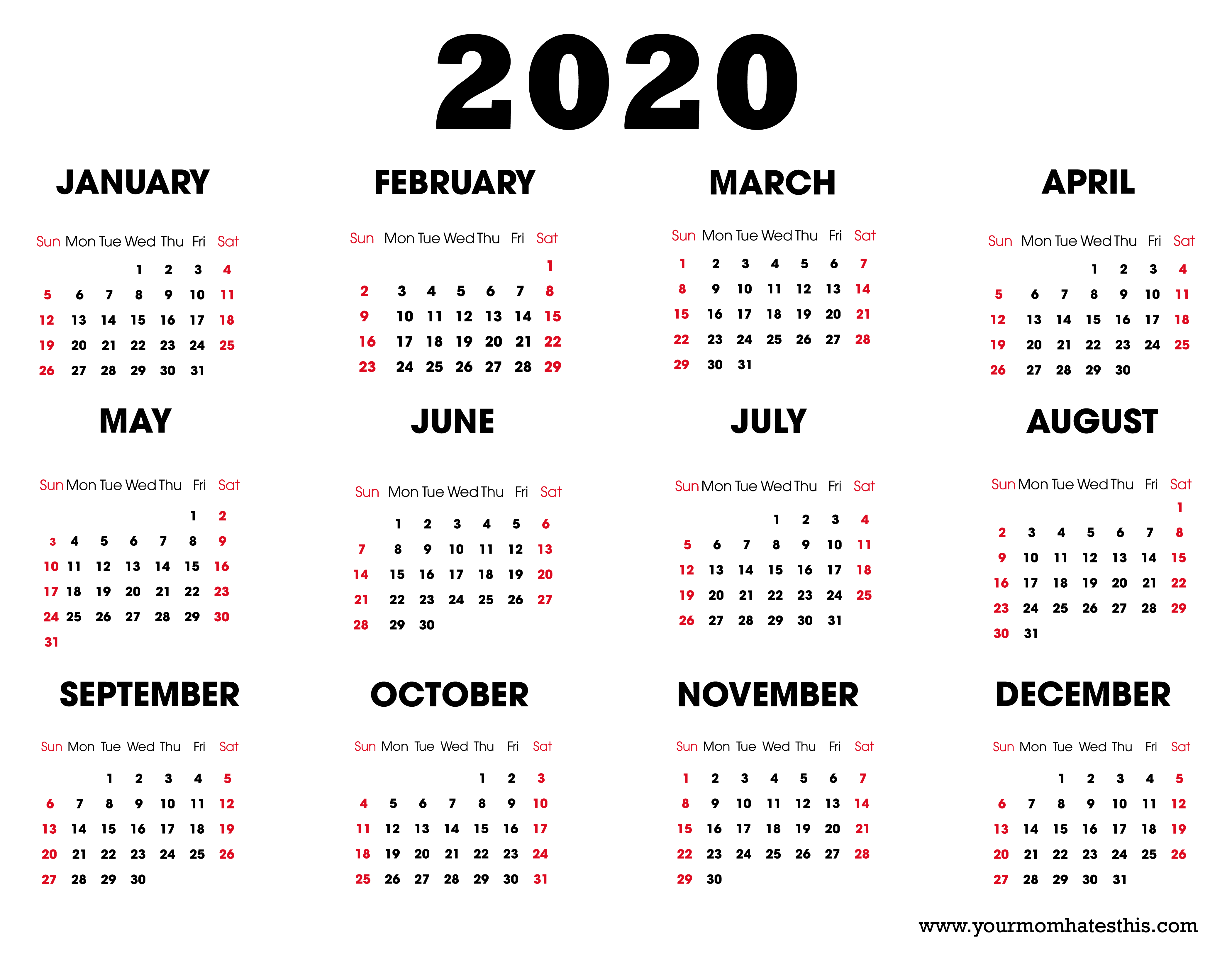 2020 Yearly Calendar Printable - Printable Calendar 2023