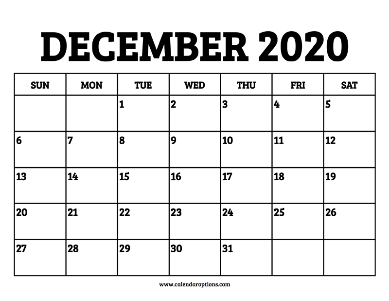 Blank Calendar Template December 2020 Printable