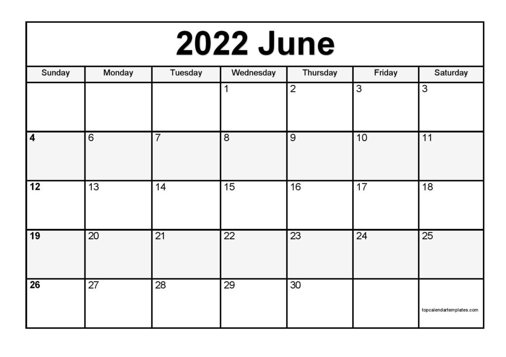 Calendar June 2022 Editable